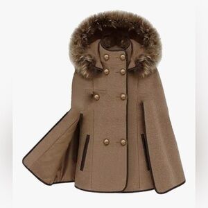 Women's Tan Cape Coat with Detachable Faux Fur Trim Hood